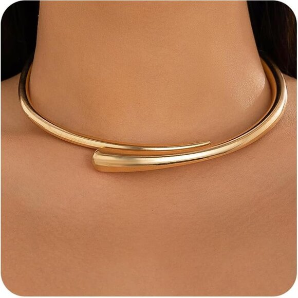 Gold Alloy Choker Necklace Women Teardrop Statement Trendy Jewelry Spring Hinged - Picture 1 of 6